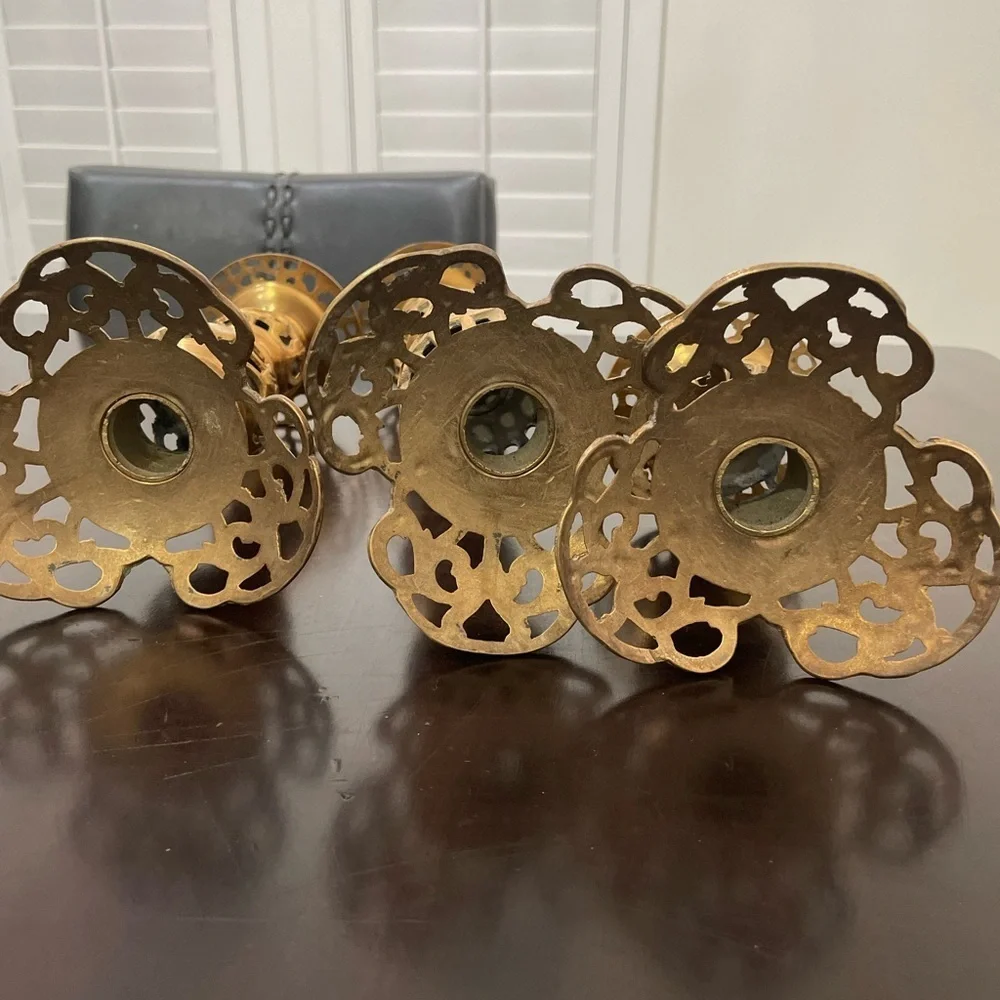 Vintage Ornate Filigree Brass Candle Holder Trio, 13 1/2 in, 9 1/2, 5 1/2